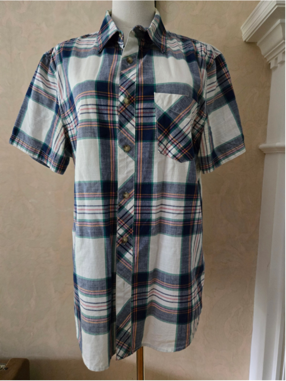 Men's 1901 Casual Button Down Shirt Size M White Blue Plaid